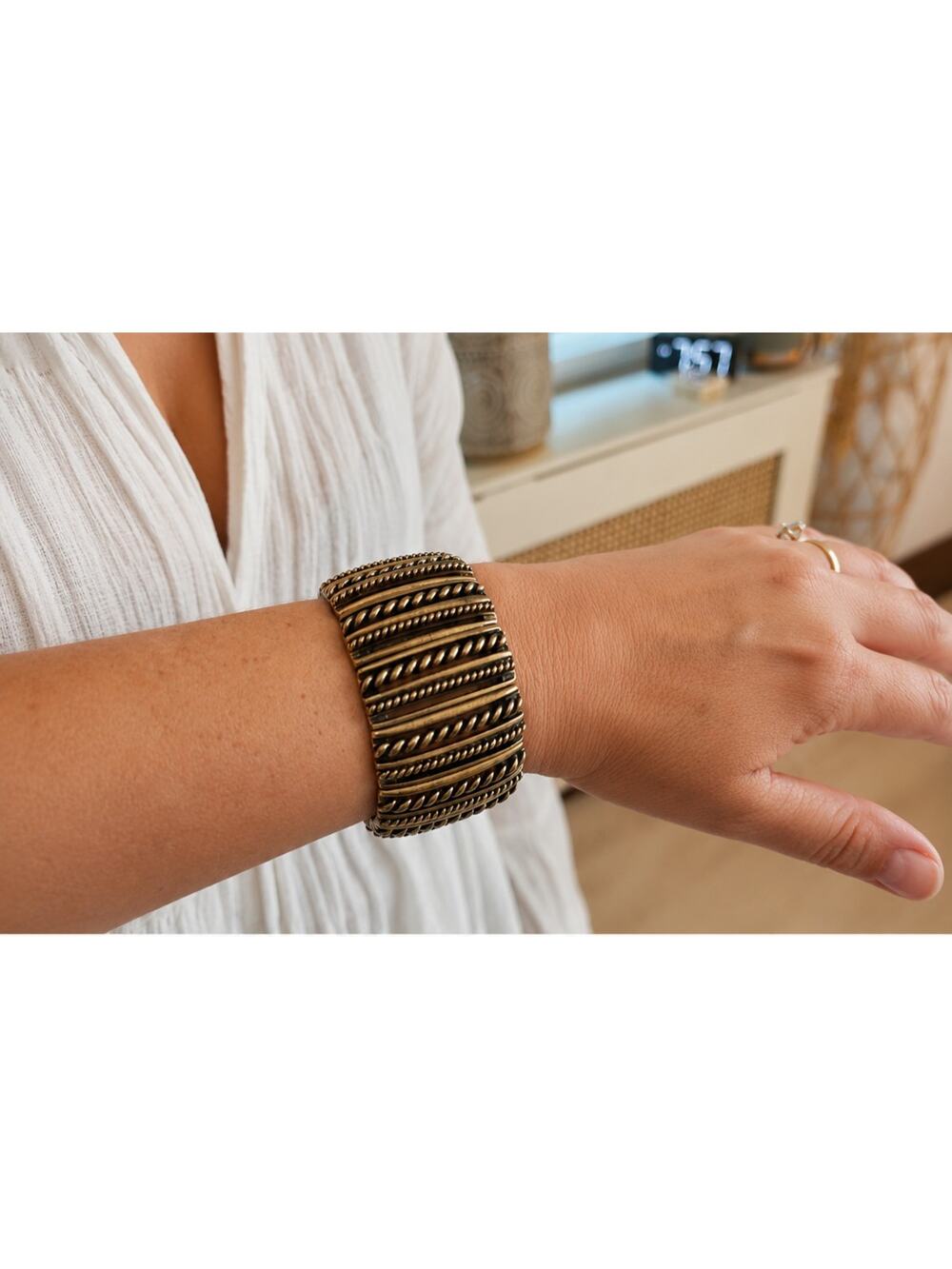 Wide Antiqued Gold Stretch Bracelet | Ribbed Rope Statement Cuff
